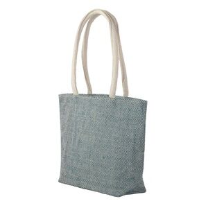 Eco-Friendly Herringbone Vegan Jute Blue Tote Handbag w White Satin Lining
